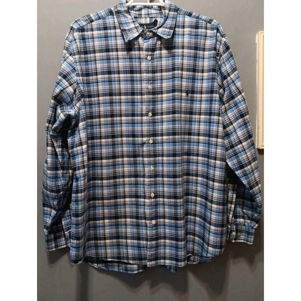 New Polo Ralph Lauren Shirt Mens 2XB Blue Plaid Button Long Sleeve Heavy Thick